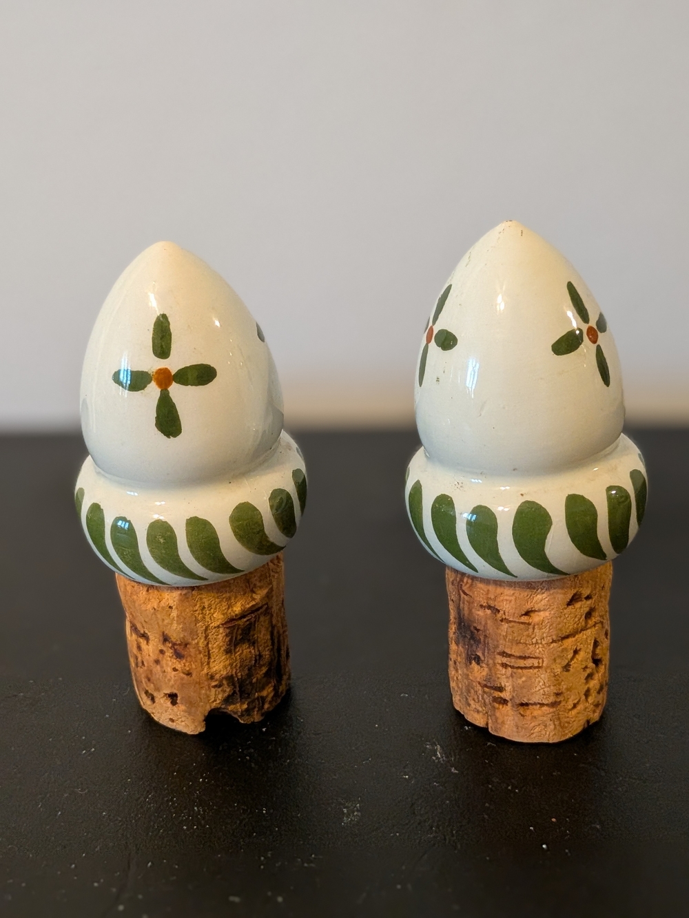 Hand-Painted Ceramic Wine Bottle Stoppers — White & Green